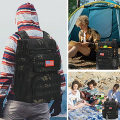 ATRIPACK Tactical Backpack Cooler side view with MOLLE and patches for customizable storage options.