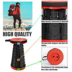 AttoShow collapsible stool red side view showing sturdy design and anti-tilt features.