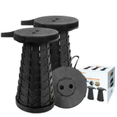 AttoShow collapsible stool set closed for compact portability on camping trips.
