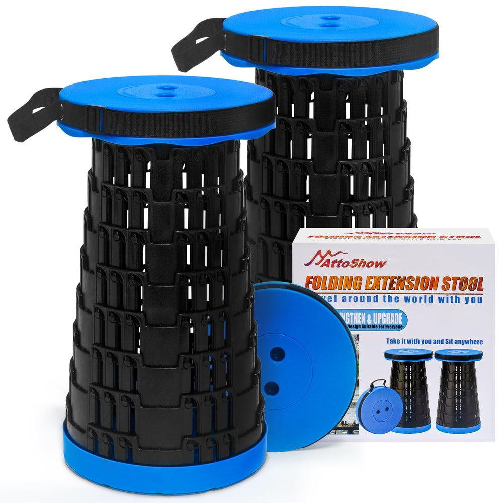 AttoShow upgraded collapsible stool blue open for outdoor seating on camping trips.