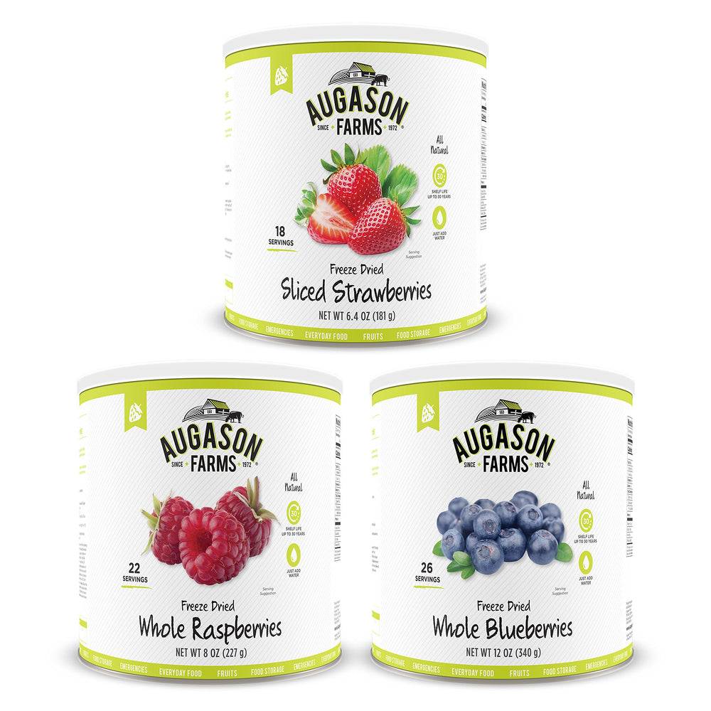 Augason Farms Freeze Dried Berries Kit collection in can shows pantry-friendly snack option.