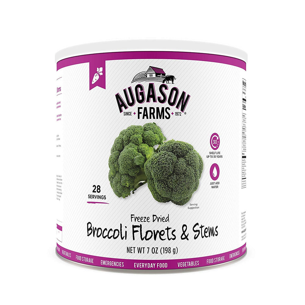 Augason Farms freeze-dried broccoli florets and stems in can for long-lasting meals.