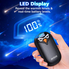 AUIIAH hand warmers LED display closeup showing battery and temperature