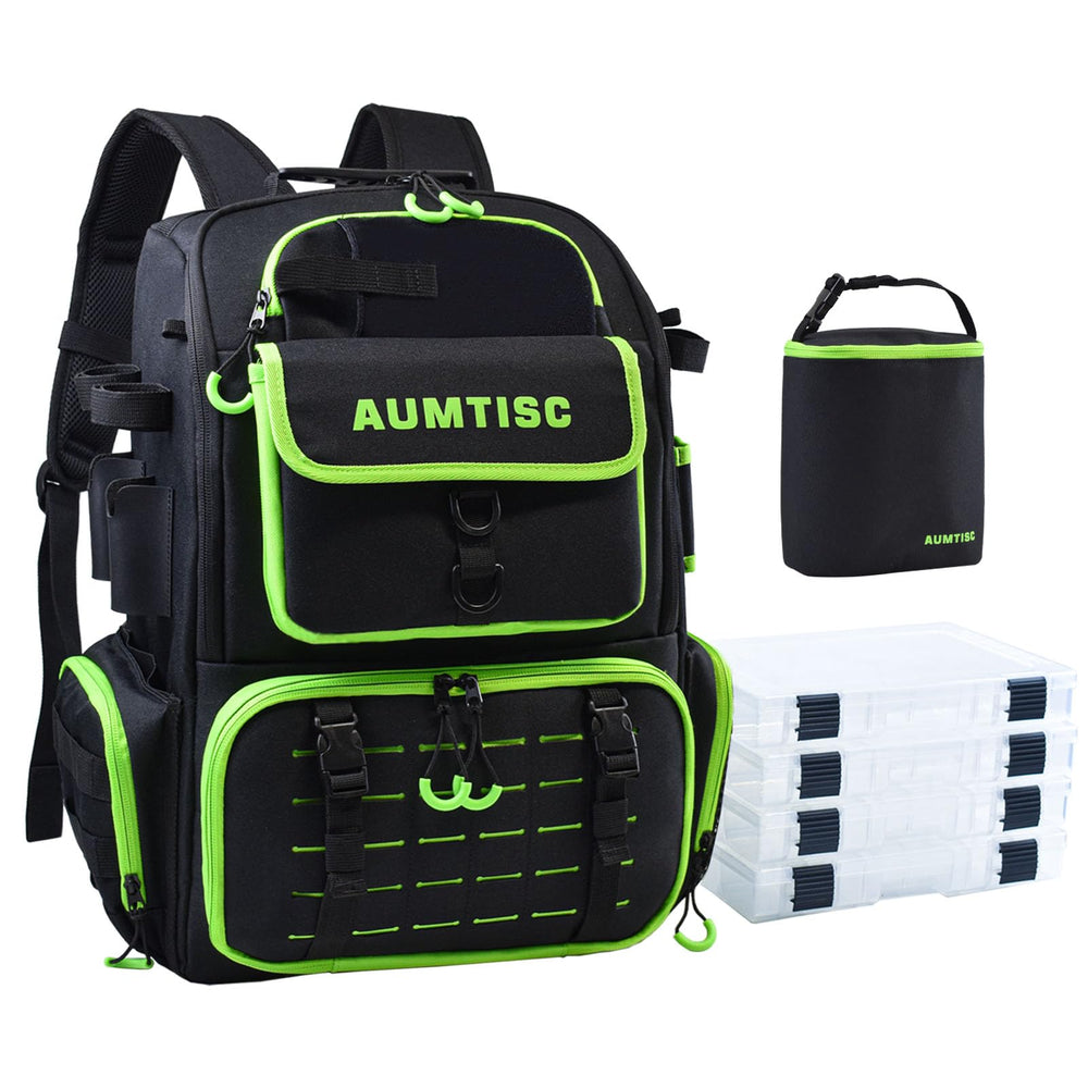AUMTISC fishing tackle backpack with rod holders enables hands-free fishing trips.