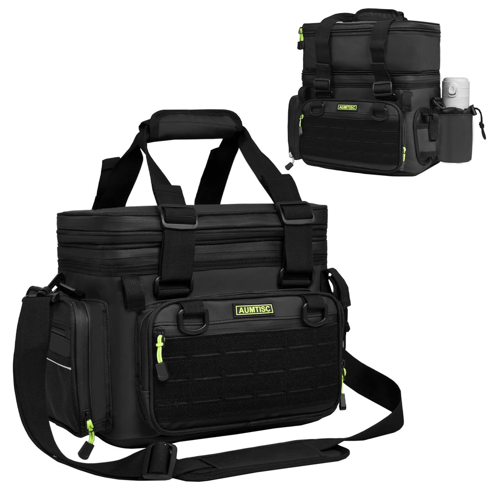 AUMTISC fishing tackle bag front pocket for quick access to lures and tools.