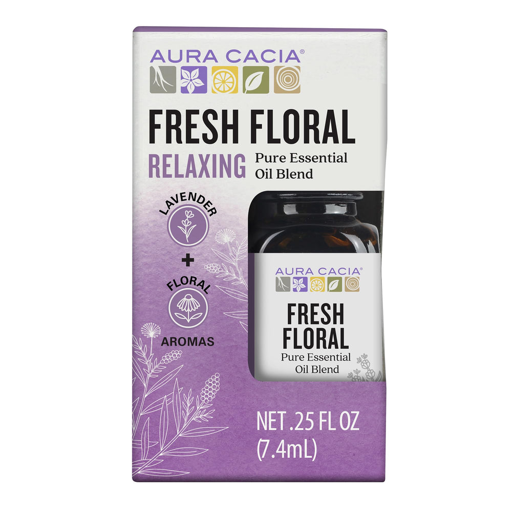 Aura Cacia Fresh Floral bottle shows pure essential oils for a subtle space refresh.