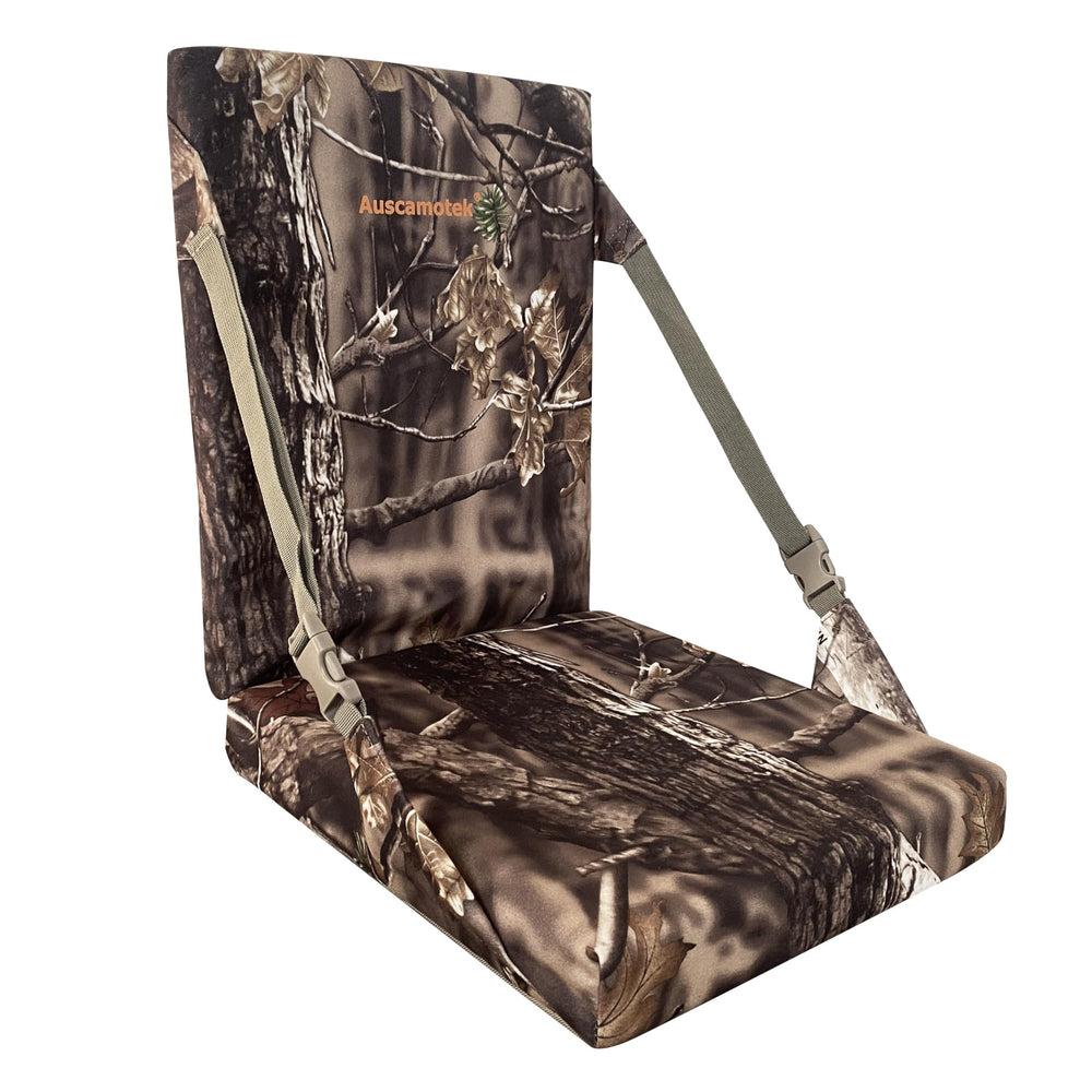 AUSCAMOTEK camouflage seat cushion showing 5cm padding for all-day comfort outdoors.