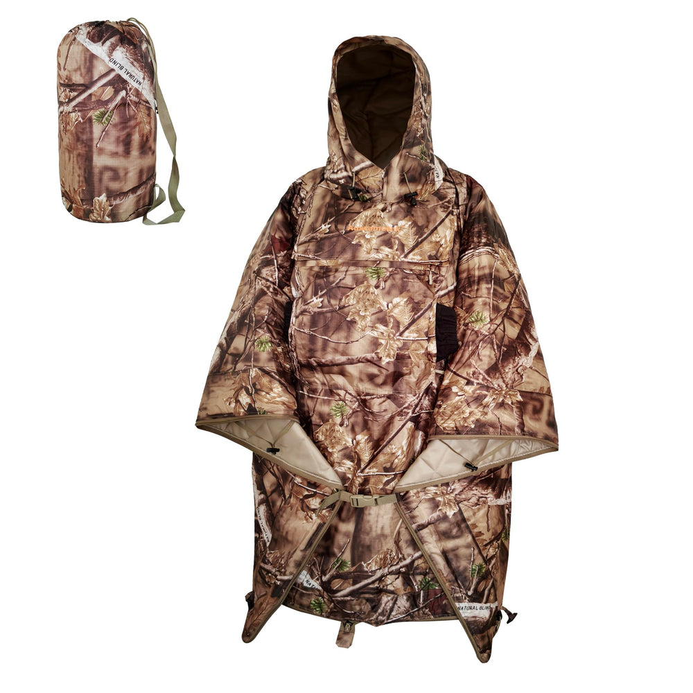 AUSCAMOTEK insulated hunting poncho hood keeps you warm and quiet.