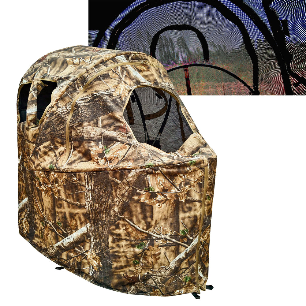 AUSCAMOTEK see-through ground blind with built-in chair for stealthy, comfortable solo hunts.