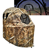 AUSCAMOTEK see-through ground blind with built-in chair for stealthy, comfortable solo hunts.