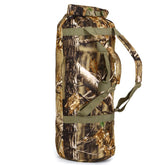 AUSCAMOTEK camo duffel bag front view shows rugged, water-resistant fabric for hunting trips