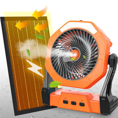 Ausic 10W solar panel camping fan powering cooling and charging on the go