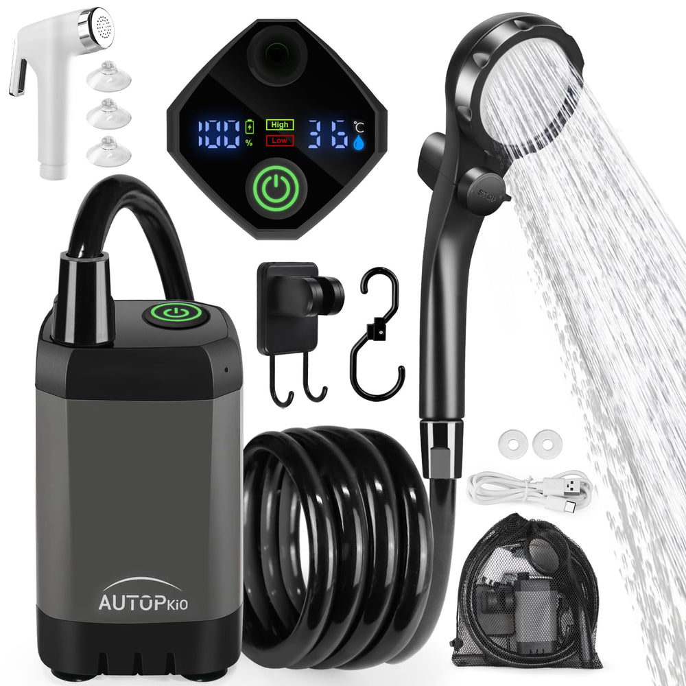 AUTOPkio portable camping shower pump shown with extended battery life for outdoor rinsing