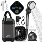 AUTOPkio portable camping shower pump shown with extended battery life for outdoor rinsing