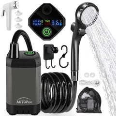 AUTOPkio portable camping shower pump shown with extended battery life for outdoor rinsing