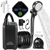 AUTOPkio portable shower shows 6000mAh battery for extended outdoor sessions