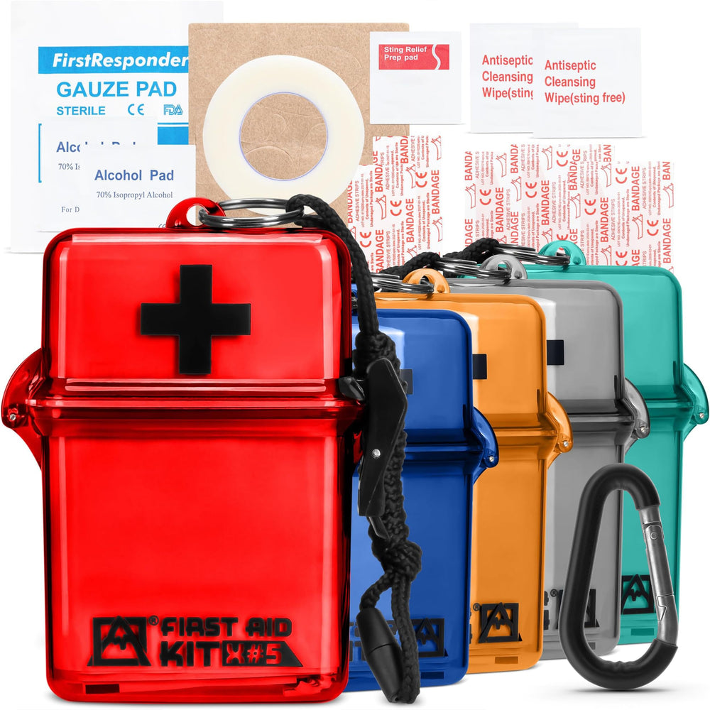 Avalanche mini first aid kit inside a waterproof hard case for travel readiness.