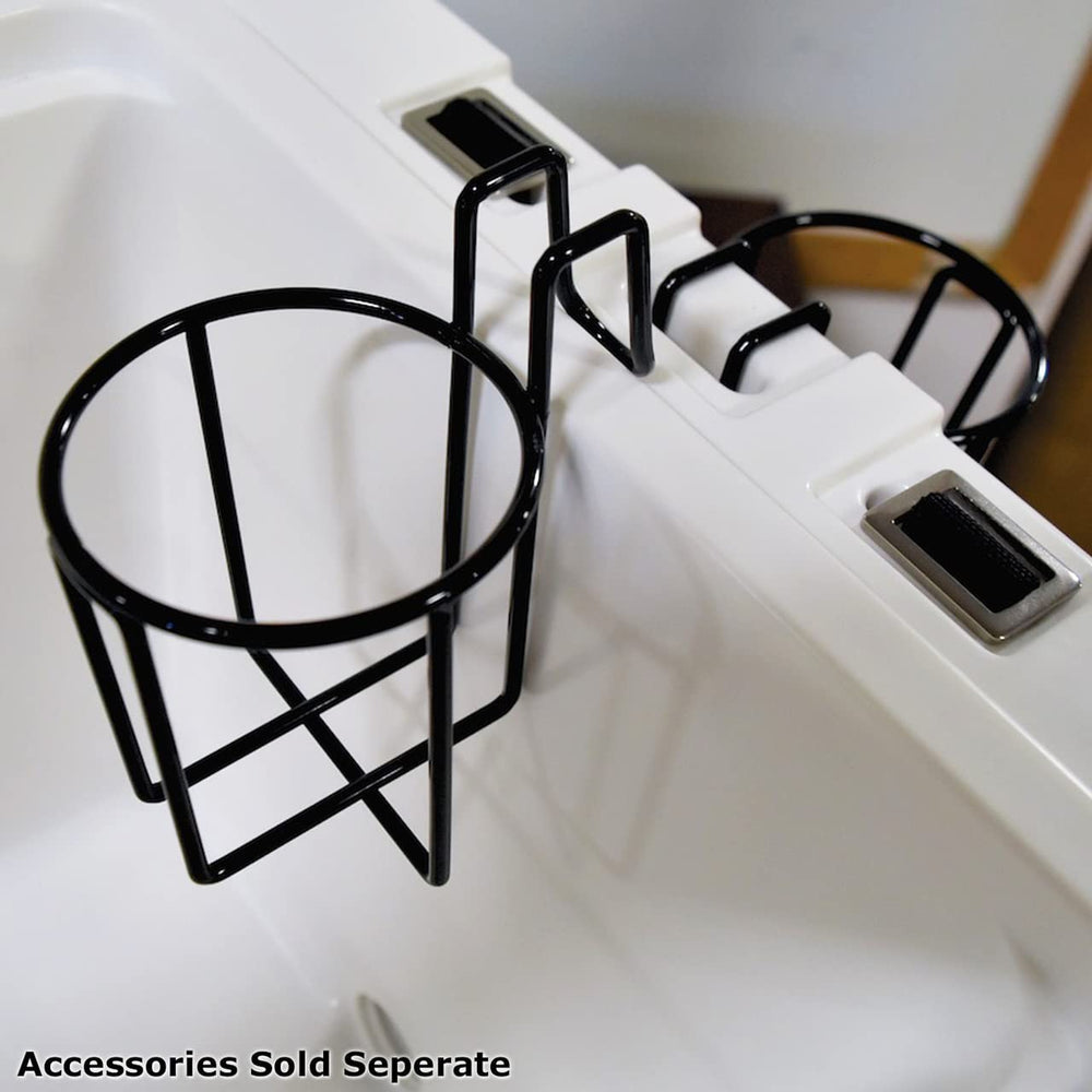Avenger Wire Cup Holder mounted on 45 Qt cooler keeps beverages within reach.