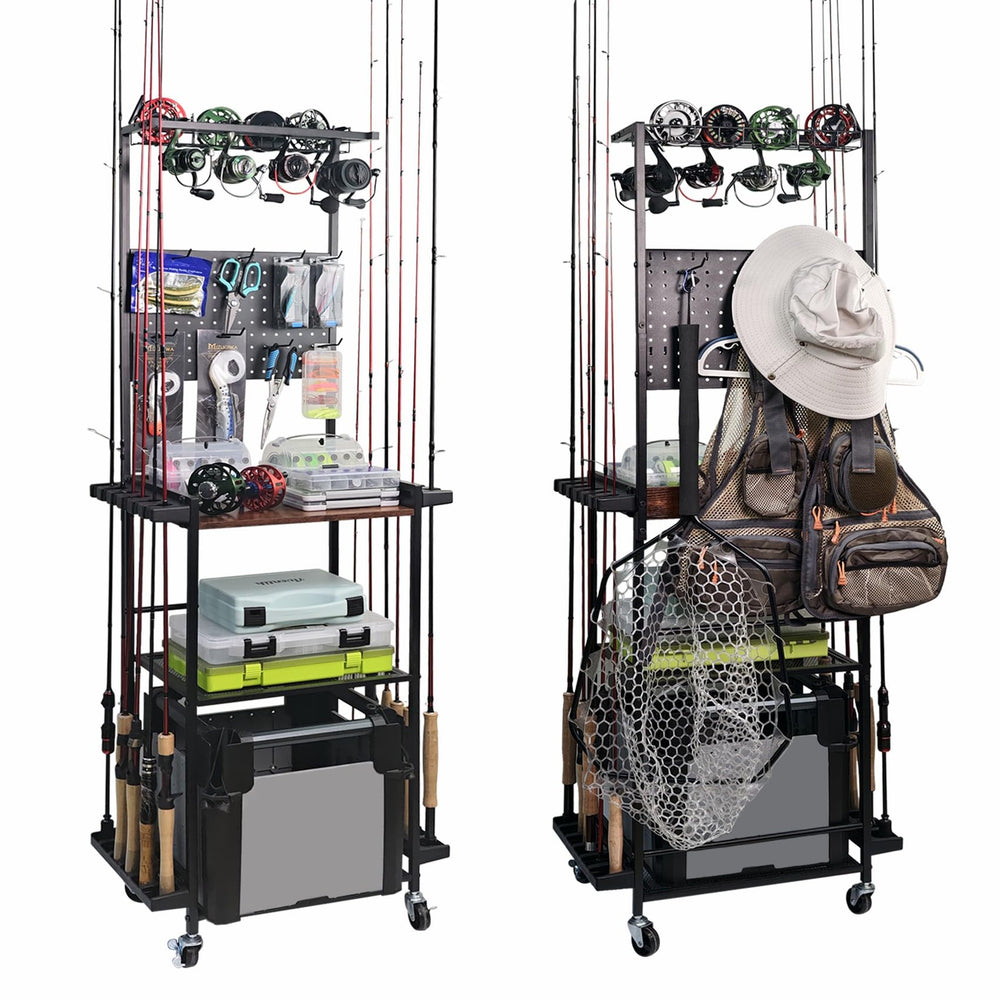 Aventik fishing rod holders in a garage show a sturdy 3-tier rack for organized storage.