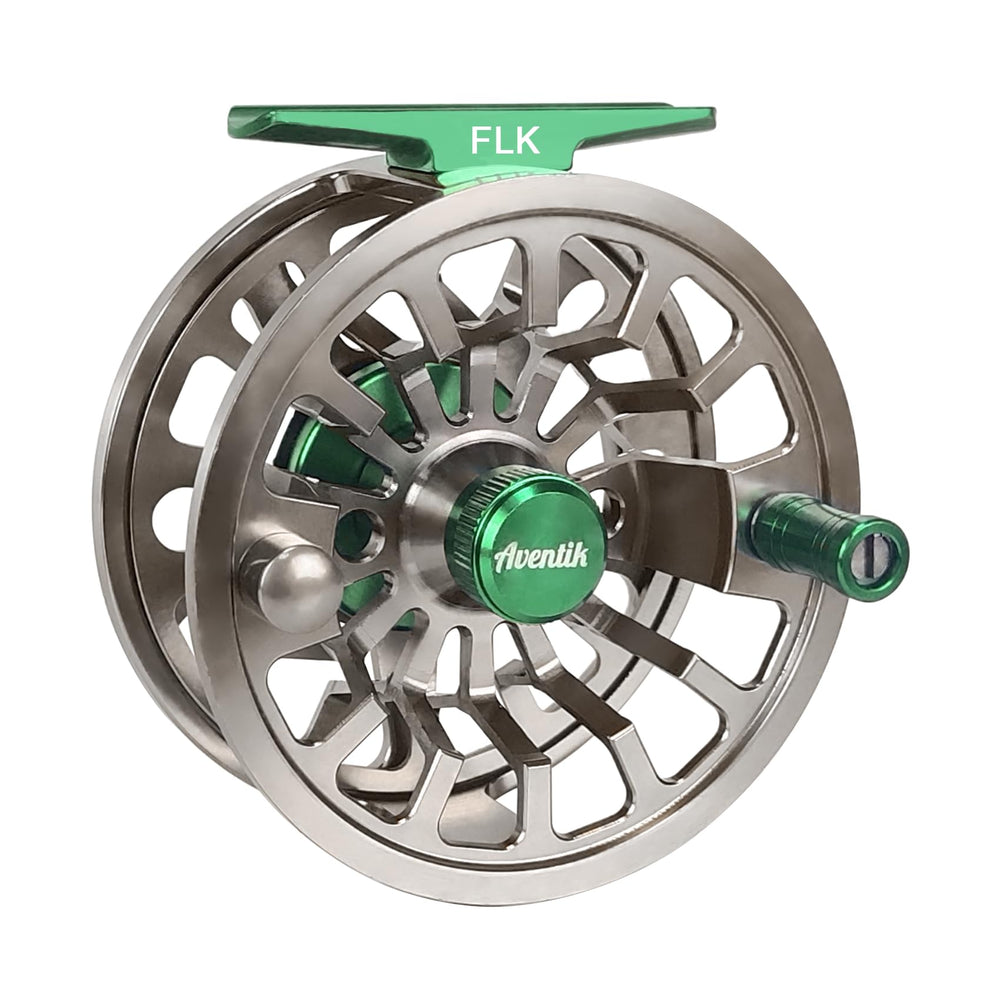 Aventik FLK II reel closeup shows durable aluminum build for freshwater fishing.