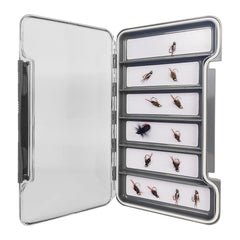 Slim pocket-size fly box measuring 7.36 x 4.02 x 0.63 inches