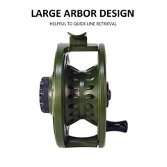 Aventik HVCE graphite fly reel large arbor image illustrating fast retrieves and increased backing.