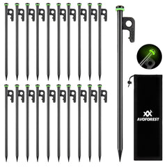 AVOFOREST 12-inch tent stakes packaging shows a 20-piece camping kit for easy prep