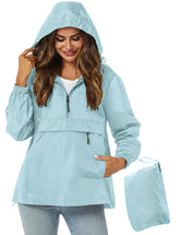 Avoogue pullover raincoat front view in light blue with hood for lightweight rain protection.