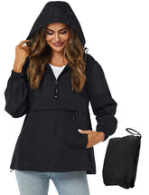 Avoogue lightweight rain jacket hood-pullover black demonstrates compact packing for travel.