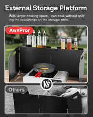 AwnPror windscreen shows 60cm width and 27cm depth for a large cooking area.