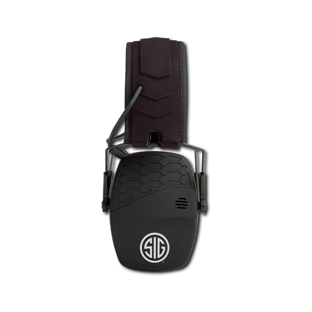 AXIL TRACKR Blu ear muffs front view offering compact protection for hunting and shooting
