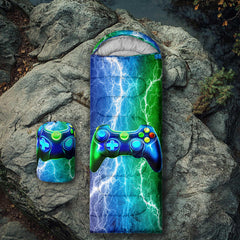 Axolotl Blue Gamepad Sleeping Bag interior shows soft polyester lining for cozy nights.