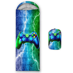 Axolotl Blue Gamepad Sleeping Bag opened for full length camping comfort.
