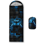 Axolotl gamepad sleeping bag blue close-up highlights skin-friendly lining for comfortable camping