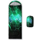 Axolotl Green Gamepad Sleeping Bag closed shows compact, travel-friendly packaging for easy backpacking.