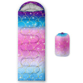 Axolotl Mermaid Scales sleeping bag open for cozy outdoor camping with kids.