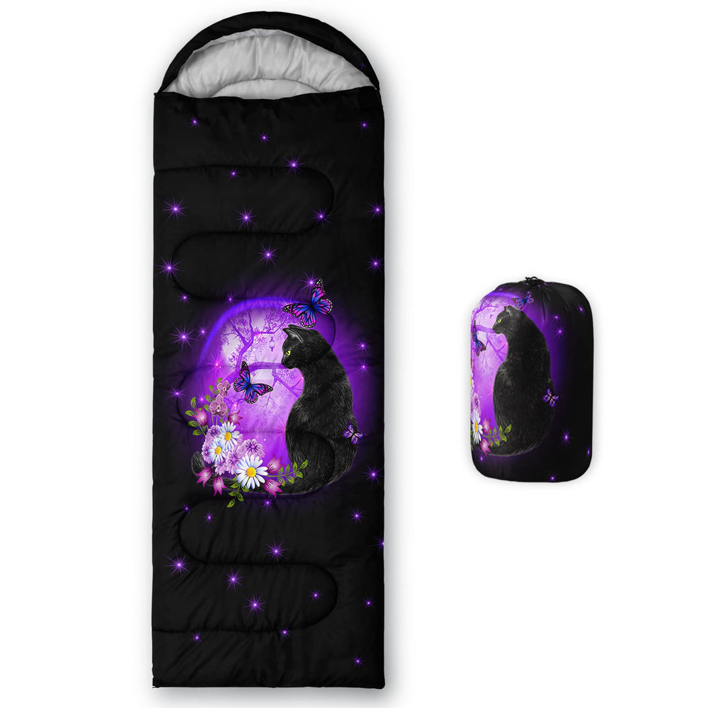 Axolotl sleeping bag purple cat daisy design, ideal for kids and adults.