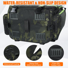Front pockets, water bottle holder, D-ring pliers pouch and rod holders