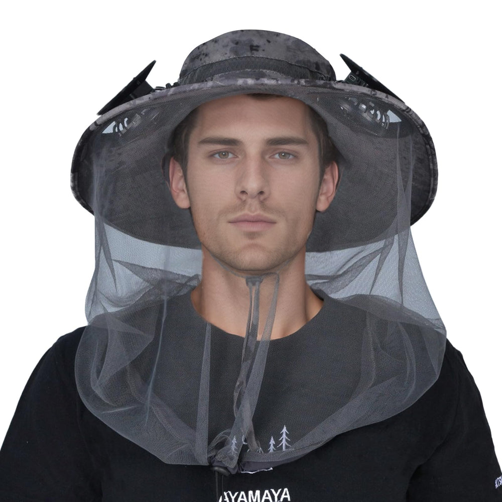 AYAMAYA Mosquito Net Hat built-in fans cools your face on hot days outdoors.