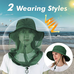 AYAMAYA wide brim sun hat delivers shade with optional net deployment.
