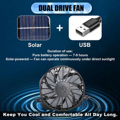 Dual solar-powered fans inside hat with 180° rotation