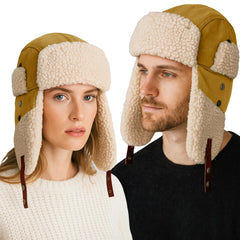 AYAMAYA trapper hat with earflaps shows warm fleece lining for cold days.