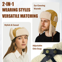 AYAMAYA trapper hat earflaps buckled under chin provide extra warmth.