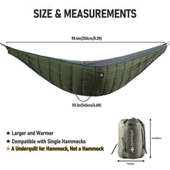 AYAMAYA underquilt warmth range visual emphasizing 20F–68F suitability.