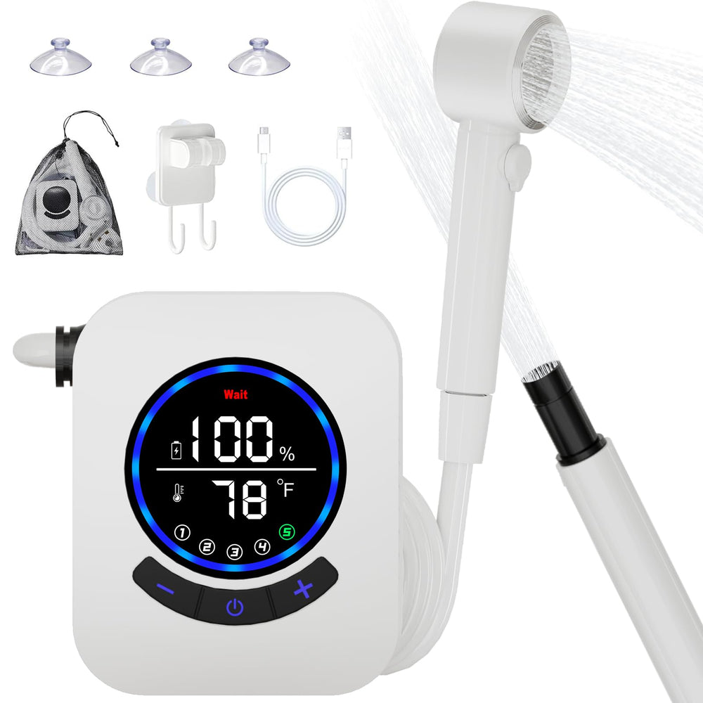 AYWOHA camping shower battery life indicator showing long-lasting power for outdoor use