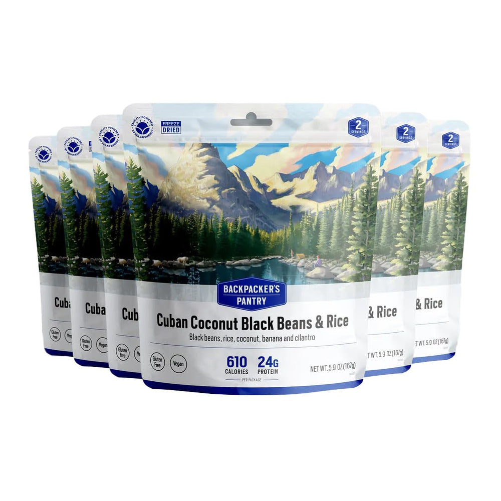 Backpacker's Pantry Cuban Coconut Rice & Black Beans pouch six-pack packaging for travel