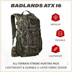 Badlands ATX16 pack removable waistbelt shows customizable load shift for heavy packs.