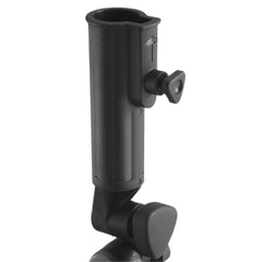Bag Boy umbrella holder cart mount demonstrates secure cart attachment for sunny or rainy rounds.