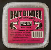 Bait Binder Catfish Cubes liver on hook stays on the line, durable bait.