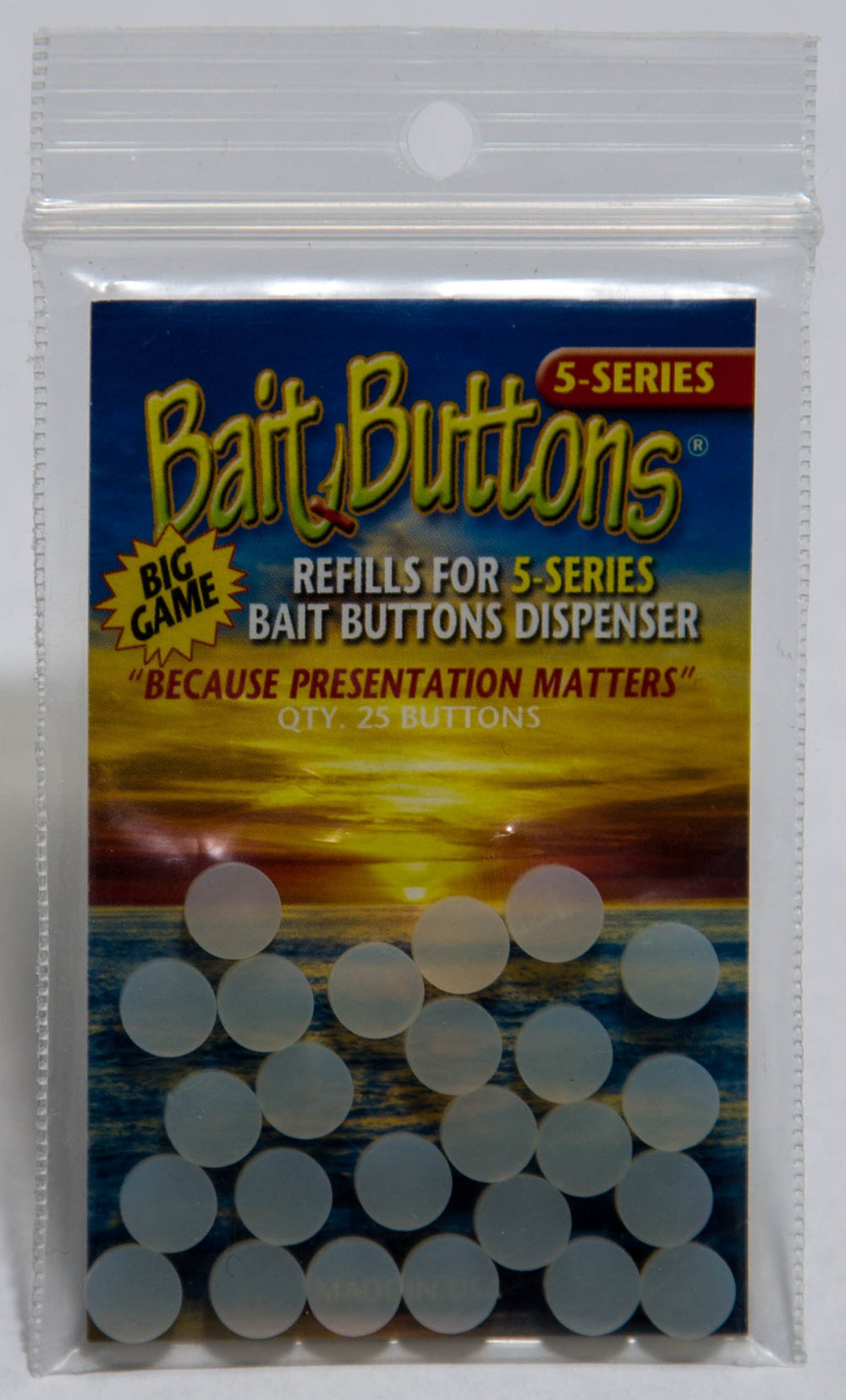Bait Buttons Big Game Refill in translucent design for quick, tidy bait changes.